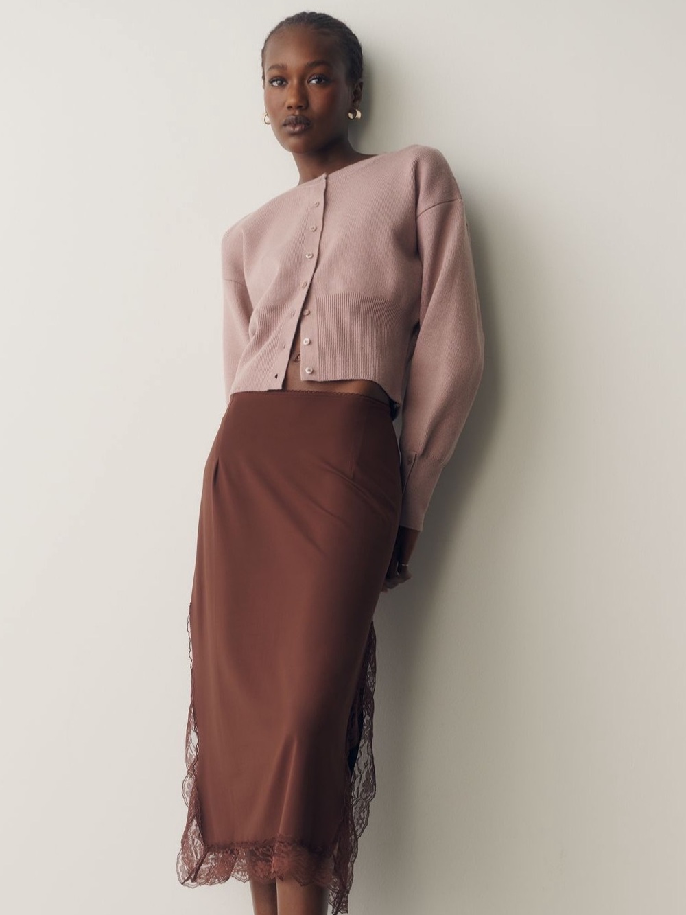By Anthropologie Lace-Trim Midi Skirt in Brown - L - NWT